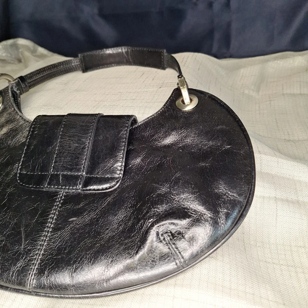 Kenneth Cole New York Black Leather Med Small Hobo Buckle Accent Handbag Purse